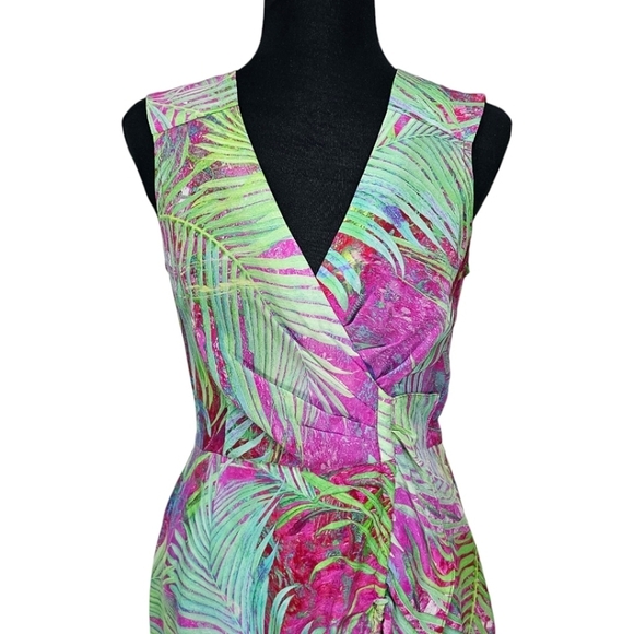Nanette Lepore Palm Paradise Printed Silk Sleeveless Ruched V-Neck Dress Size 2 - Picture 7 of 16